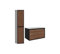 Meuble de salle de bain suspendu strié avec vasque à encastrer et colonne - Coloris naturel foncé et noir - 80 cm - BANIVA