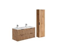 Meuble de salle de bain suspendu strié avec vasque à encastrer et colonne - Naturel clair - 120 cm - ZEVARA