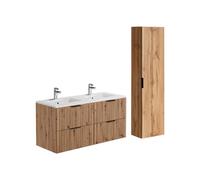Meuble de salle de bain suspendu strié avec vasque à encastrer et colonne - Naturel clair - 120 cm - ZEVARA