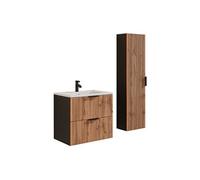Meuble de salle de bain suspendu strié avec vasque à encastrer et colonne - Naturel clair et noir - 60 cm - MADELA