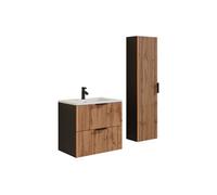 Meuble de salle de bain suspendu strié avec vasque à encastrer et colonne - Naturel clair et noir - 60 cm - MADELA