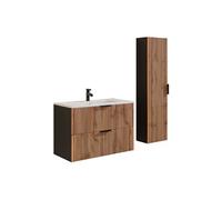 Meuble de salle de bain suspendu strié avec vasque à encastrer et colonne - Naturel clair et noir - 80 cm - MADELA