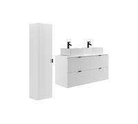 Meuble de salle de bain suspendu strié avec vasque à poser carrée et colonne - Blanc mat - 120 cm - ZEVINI
