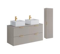 Meuble de salle de bain suspendu strié avec vasque à poser carrée et colonne - Coloris beige - 120 cm - ZEVARA