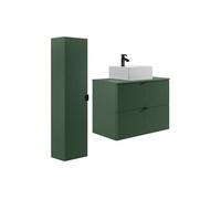 Meuble de salle de bain suspendu strié avec vasque à poser carrée et colonne - Vert mat - 80 cm - ZEVINI