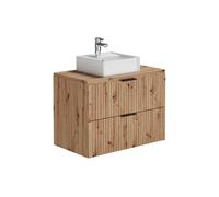 Meuble de salle de bain suspendu strié avec vasque à poser carrée - Naturel clair - L80 cm - ZEVARA