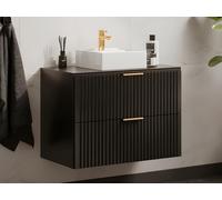 Meuble de salle de bain suspendu strié avec vasque à poser carrée - Noir - 80 cm - ZEVARA