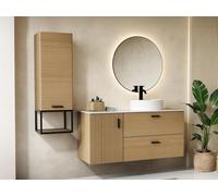 Meuble de salle de bain suspendu strié avec vasque à poser et colonne avec niche - 1 porte et 2 tiroirs - Naturel clair - 120 cm - SARONE