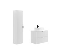 Meuble de salle de bain suspendu strié avec vasque à poser et colonne - Blanc mat - 80 cm - ZEVINI