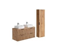 Meuble de salle de bain suspendu strié avec vasque à poser et colonne - Naturel clair - 120 cm - ZEVARA