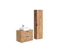 Meuble de salle de bain suspendu strié avec vasque à poser et colonne - Naturel clair - 80 cm - ZEVARA