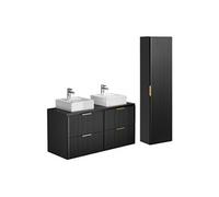 Meuble de salle de bain suspendu strié avec vasque à poser et colonne - Noir - 120 cm - ZEVARA