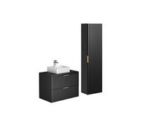 Meuble de salle de bain suspendu strié avec vasque à poser et colonne - Noir - 80 cm - ZEVARA