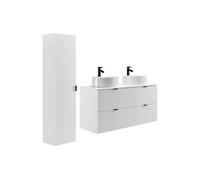 Meuble de salle de bain suspendu strié avec vasque à poser ronde et colonne - Blanc mat - 120 cm - ZEVINI