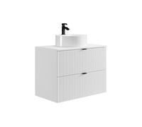 Meuble de salle de bain suspendu strié avec vasque ronde à poser - Blanc mat - 80 cm - ZEVINI