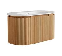 Vente-unique - Meuble de Salle de Bain Suspendu strié en Bois de frêne avec Vasque à encastrer en résine Blanc Mat - Naturel Clair - L90 cm - LILIKO