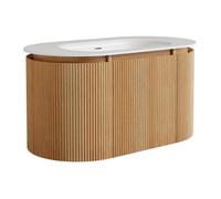 Vente-unique - Meuble de Salle de Bain Suspendu strié en Bois de frêne avec Vasque à encastrer en résine Blanc Mat - Naturel Clair - L90 cm - LILIKO