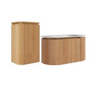 Meuble de salle de bain suspendu strié en bois de frêne avec vasque à encastrer et colonne - Naturel clair - 90 cm - LILIKO