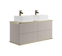 Meuble de salle de bain suspendu strié liseré doré avec double vasque à poser carrée - Beige - 120 cm - KELIZA
