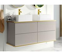 Meuble de salle de bain suspendu strié liseré doré avec double vasque à poser carrée - Beige - 120 cm - KELIZA