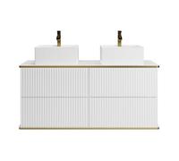 Vente-unique - Meuble de Salle de Bain Suspendu strié liseré doré avec Double Vasque à Poser carrée - Blanc - 120 cm - KELIZA