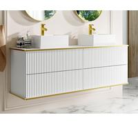 Meuble de salle de bain suspendu strié liseré doré avec double vasque à poser carrée et 4 tiroirs - Blanc - 150 cm - KELIZA