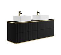 Meuble de salle de bain suspendu strié liseré doré avec double vasque à poser carrée - Noir - 150 cm - KELIZA