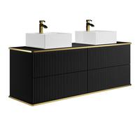 Meuble de salle de bain suspendu strié liseré doré avec double vasque à poser carrée - Noir - 150 cm - KELIZA