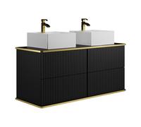 Meuble de salle de bain suspendu strié liseré doré avec double vasque à poser carrée - Noir - 120 cm - KELIZA