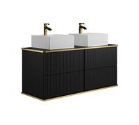 Meuble de salle de bain suspendu strié liseré doré avec double vasque à poser carrée - Noir - 120 cm - KELIZA