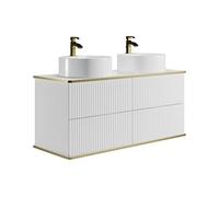 Meuble de salle de bain suspendu strié liseré doré avec double vasque à poser ronde - Blanc - 120 cm - KELIZA