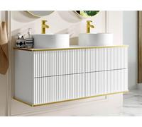 Meuble de salle de bain suspendu strié liseré doré avec double vasque à poser ronde - Blanc - 120 cm - KELIZA