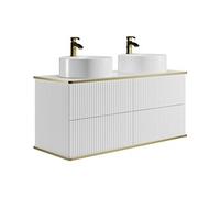 Vente-unique - Meuble de Salle de Bain Suspendu strié liseré doré avec Double Vasque à Poser Ronde - Blanc - 120 cm - KELIZA