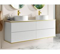 Meuble de salle de bain suspendu strié liseré doré avec double vasque à poser ronde et 4 tiroirs - Blanc - 150 cm - KELIZA