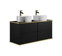 Meuble de salle de bain suspendu strié liseré doré avec double vasque à poser ronde - Noir - 120 cm - KELIZA