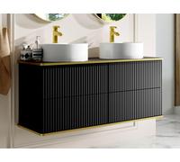 Meuble de salle de bain suspendu strié liseré doré avec double vasque à poser ronde - Noir - 120 cm - KELIZA
