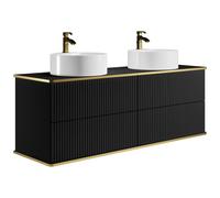 Meuble de salle de bain suspendu strié liseré doré avec double vasque à poser ronde - Noir - 150 cm - KELIZA