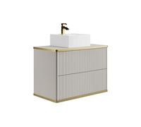 Meuble de salle de bain suspendu strié liseré doré avec vasque à poser carrée - Beige - 80 cm - KELIZA