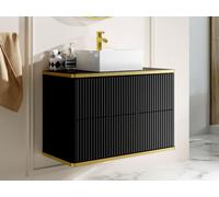 Meuble de salle de bain suspendu strié liseré doré avec vasque à poser carrée - Noir - 80 cm - KELIZA