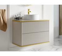 Meuble de salle de bain suspendu strié liseré doré avec vasque à poser ronde - Beige - 80 cm - KELIZA