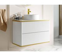 Meuble de salle de bain suspendu strié liseré doré avec vasque à poser ronde - Blanc - 80 cm - KELIZA