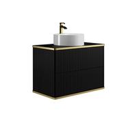 Meuble de salle de bain suspendu strié liseré doré avec vasque à poser ronde - Noir - 80 cm - KELIZA