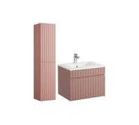 Meuble de salle de bain suspendu strié rose avec vasque à encastrer et colonne - 60 cm - SATARA