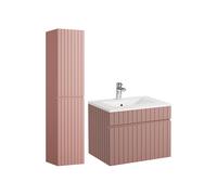 Meuble de salle de bain suspendu strié rose avec vasque à encastrer et colonne - 60 cm - SATARA