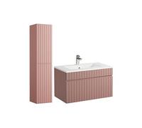 Meuble de salle de bain suspendu strié rose avec vasque à encastrer et colonne - 80 cm - SATARA