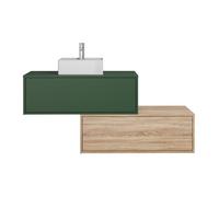 Meuble de salle de bain suspendu vert et naturel clair avec simple vasque carrée et deux tiroirs - 94 cm - TEANA II