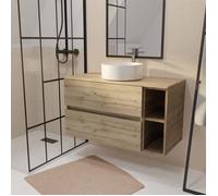 Meuble de salle de bains 100cm TIMBER Décor Chêne 2 Tiroirs et Module - Vasque Ronde Blanche