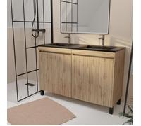 Meuble de salle de bains 120 cm 4 Portes Chêne Naturel + Vasque Double Céramique Noire - TIMBER