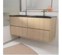 Meuble de salle de bains 120 cm 4 Tiroirs Chêne Clair + Vasque Double Céramique Noire - XENOS