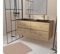 Meuble de salle de bains 120 cm 4 Tiroirs Chêne Naturel + Vasque Double Céramique Noire - TIMBER